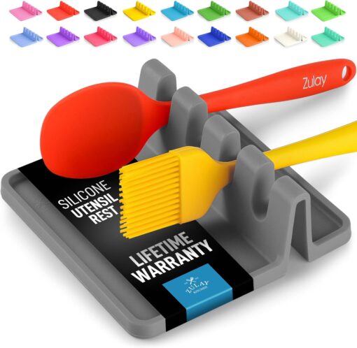 About this item KEEP YOUR COUNTERTOPS CLEAN: Are you tired of random oil and sauce drips all over stovetops and kitchen counters while cooking? Say no more! Our spoon rest has raised edges to catch all the drips, making it a great addition to your kitchen gadgets for keeping counters and stoves splatter-free. Revolutionize your cooking, baking, or grilling experience with this beautifully designed square spoon holder. CLUTTER-FREE COOKING SESSION: With four slots, you get enough space to park your cooking utensils and keep them separated when multitasking in the kitchen. Use this cooking utensil holder for spoons, spatulas, ladles, brushes, tongs, or forks. Avoid running around finding the right tool, and keep your kitchen utensils closer for a stress-free time while cooking. HEAT RESISTANT AND EASY TO CLEAN: Made from food-grade material, this silicone spoon rest can be placed near the stove or countertop without it being affected by heat. It is designed with a non-slip base to prevent it from sliding and causing chaos while cooking. Once you are done with cooking, toss the kitchen tool holder in the dishwasher for a quick cleanup. ADDS VALUE TO YOUR KITCHEN: Our durable utensil rest is affordable and guaranteed to be your cooking partner for years to come. Say good-bye to paper towels and switch to this spatula holder for a squeaky clean counter. It could also make a great choice for a housewarming gift. Your loved ones will definitely appreciate your thoughtful gesture after a mess-free cooking session every time.